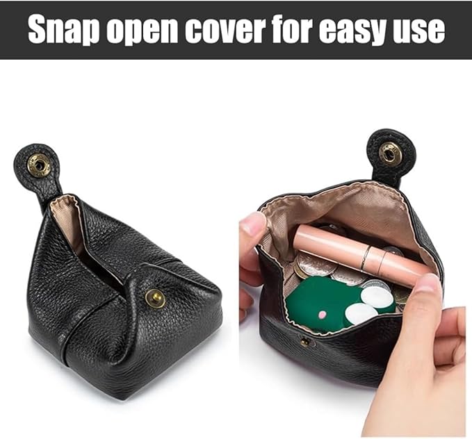 Women Genuine Leather Wallet Vintage Snap Closure Coin Pouch Slim Card Organizer (Black)