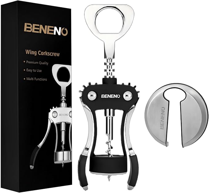 Beneno Wine Opener with Stainless Steel Wine Foil Cutter - Bottle Top Seal Cutter, Zinc Alloy Premium Wing Corkscrew with Multifunctional Bottles Opener, Midnight Black