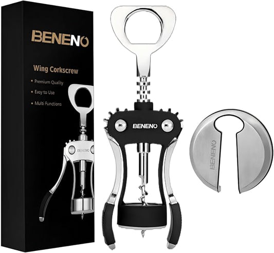 Beneno Wine Opener with Stainless Steel Wine Foil Cutter - Bottle Top Seal Cutter, Zinc Alloy Premium Wing Corkscrew with Multifunctional Bottles Opener, Midnight Black