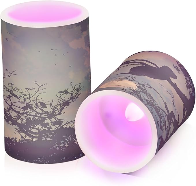 ALAZA Halloween Crow Night Flickering Flameless Candles Battery Operated with Remote Timer,Tea Light Candles LED Pillar Votive Candles Set of 2 for Outdoor Indoor Decorations