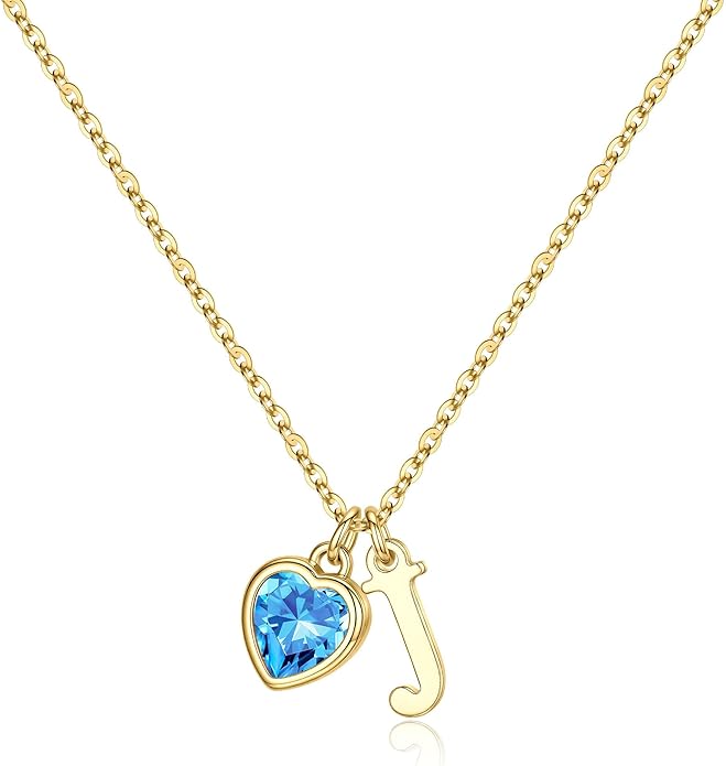 Turandoss Valentines Day Gifts for Her Trendy, Dainty 14K Gold Plated Initial A-Z Heart Birthstone Pendant Necklace Personalized Bridesmaid Birthday Valentines Jewelry Gifts for Women Girls