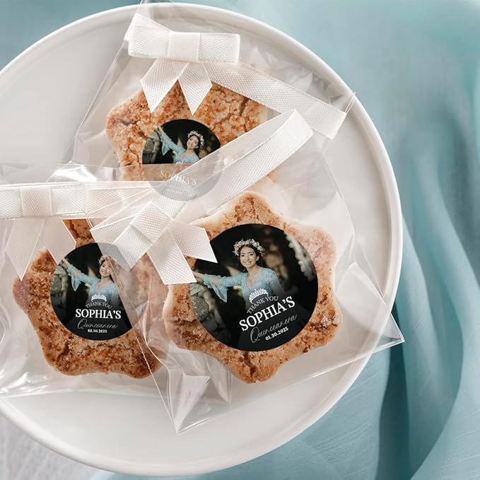 Andaz Press 40-Pack Personalized 2" Round Circle Quinceañera Labels, Thank You Sticker Labels with Custom Photo Crown for Quince Años, XV, 15th Birthday Favor Gifts, Quinceanera Decorations