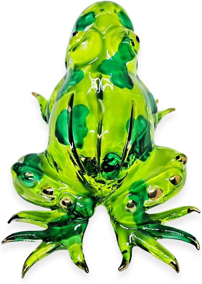 WitnyStore Tiny 3⅝" Green Patched Frog Figurine - Miniature Hand Blown Painted Glass Poison Dart Frogs Toad Amphibian Animals Colorful Small Crystal Replica Decorative Collectible Figures Décor Gifts