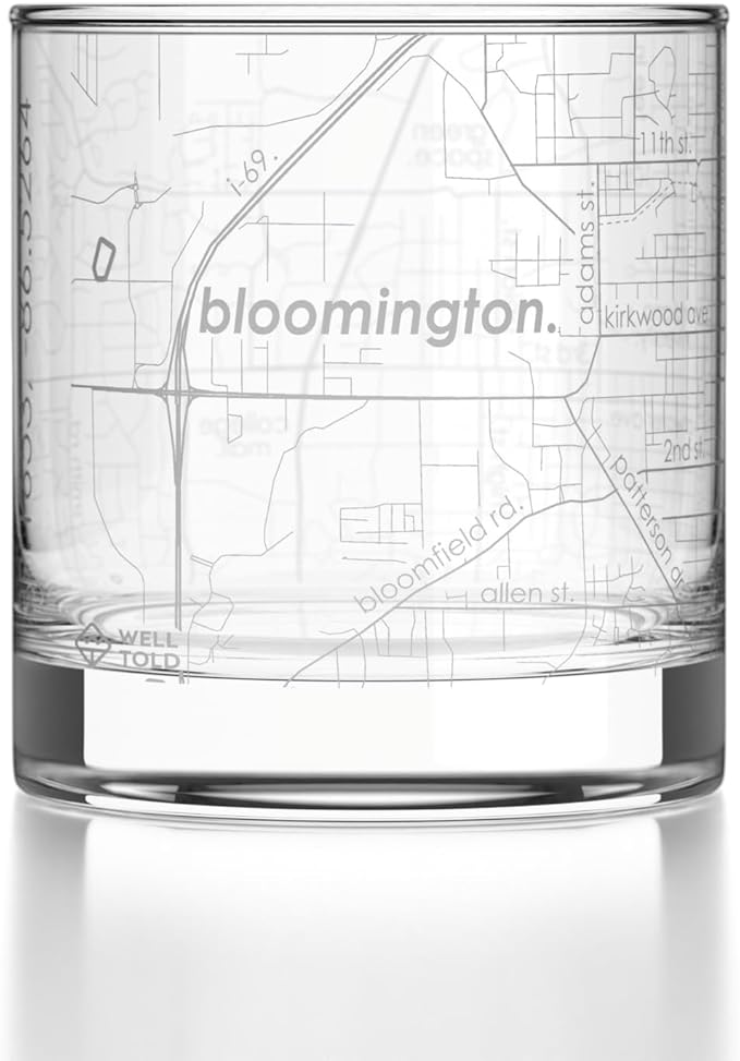 Well Told Engraved Bloomington Indiana Map Rocks Glass, Old Fashioned Glassware (11 oz, Clear) Etched Bourbon Tumbler, Gifts For Whiskey Lovers