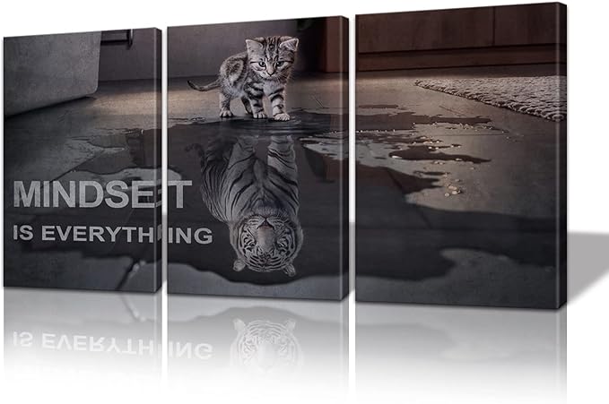 Motivational Canvas Wall Art Mindset is Everything Small Cat Big Tiger Posters Prints 3 Pieces Inspirational Quote Painting for Office Bedroom Decor (36" W x 16" H, Y-Mindset)