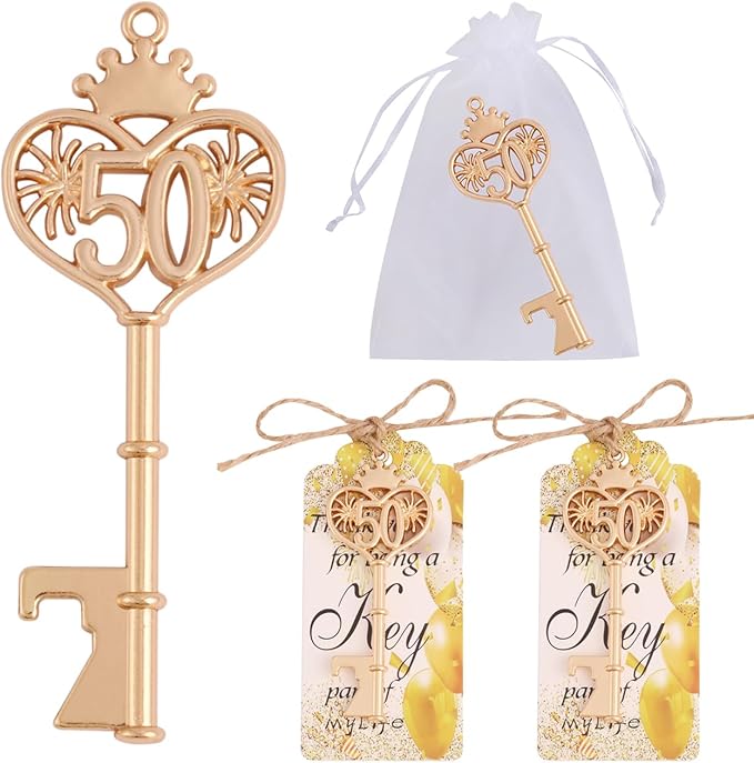 24 Sets 50 Birthday Party Favors Key Bottle Opener, 50th Beer Opener Keychain Favors for Guest with Organza Bags and Tags,Beer Keychain Bottle Openers for Birthday Party Decoration Supplies (Gold-50)
