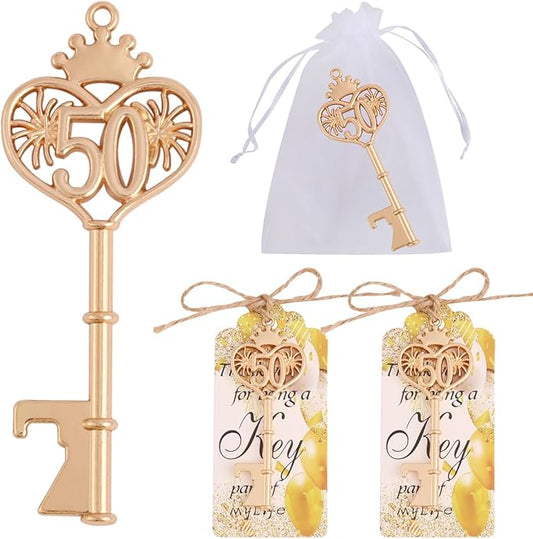 24 Sets 50 Birthday Party Favors Key Bottle Opener, 50th Beer Opener Keychain Favors for Guest with Organza Bags and Tags,Beer Keychain Bottle Openers for Birthday Party Decoration Supplies (Gold-50)