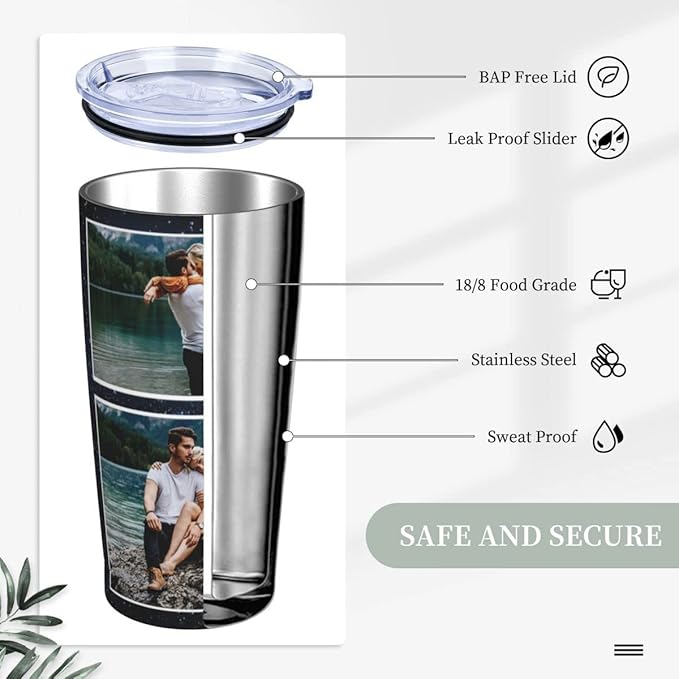 Personalized Custom tumbler Coffee Mug with Lid and Straw Hot and Cold Stainless Steel Vacuum Insulated Travel Mug with Photo Personalized tumbler Gift (20 oz, Funnel, 3 photos)