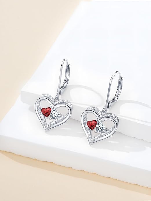 Heart Leverback Earrings Double Birthstone Dangle Earrings for Women, Love Jewelry for Her, Christmas Gifts for Women, Anniversary Birthday Gift for Mom Wife Girlfriend