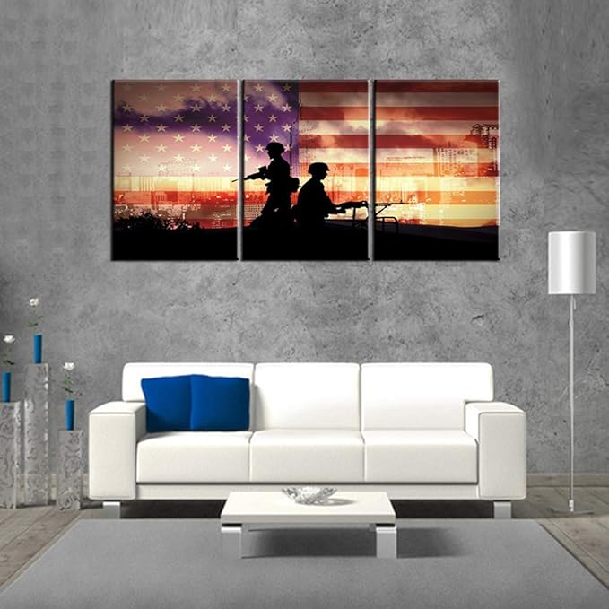TUMOVO 3 Piece Canvas Wall Art Modern American Flag Paintings for Living Room Soldiers Silhouettes Pictures HD Prints White Stars Artwork Home Decor Giclee Framed Stretched Ready to Hang(60''Wx28''H)