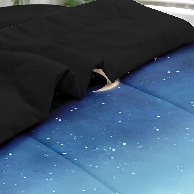 Comforter Set Twin Size, Blue Starry Sky 5 Pcs Bedding for Kids and Adults, Landscape Night Moon Bed Sheet Sets with Fitted Sheet Pillowcase & Sham for Bedroom Bed Decor