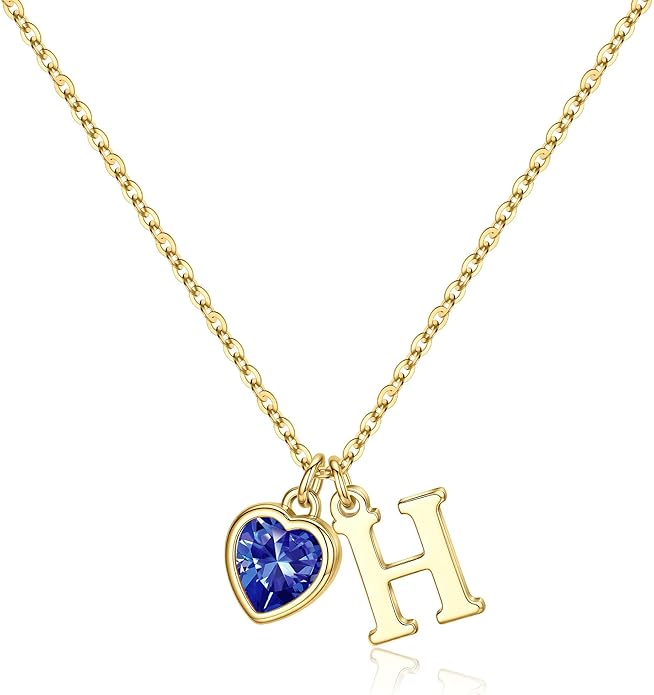 Turandoss Valentines Day Gifts for Her Trendy, Dainty 14K Gold Plated Initial A-Z Heart Birthstone Pendant Necklace Personalized Bridesmaid Birthday Valentines Jewelry Gifts for Women Girls