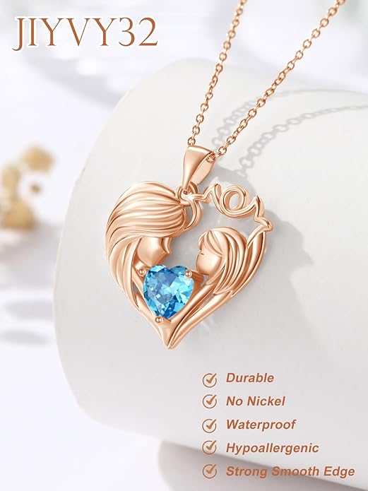 Mother and Daughter/Son Love Heart Necklace White Gold/14K Gold/Rose Gold Birthstone Jewelry Christmas Mothers Day Birthday Gifts For Mom Wife Grandma Women