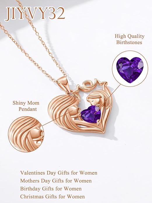 Mother and Daughter/Son Love Heart Necklace White Gold/14K Gold/Rose Gold Birthstone Jewelry Christmas Mothers Day Birthday Gifts For Mom Wife Grandma Women