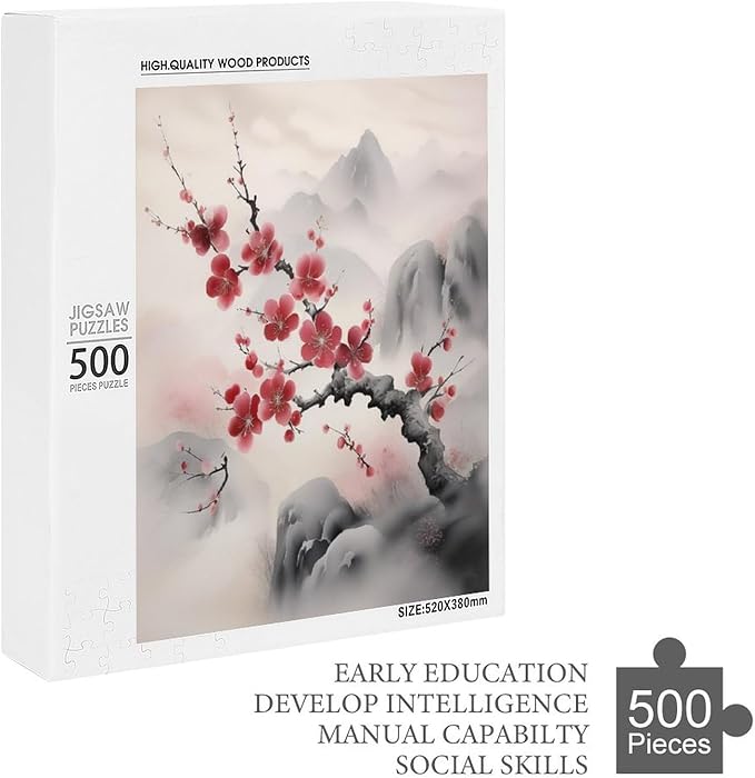 Red Plum Blossom Wooden Puzzle 500 Pieces Jigsaw Puzzles for Adults Puzzle Educational Toys Challenging Fun Games Gifts for Elders Kids Family and Friends