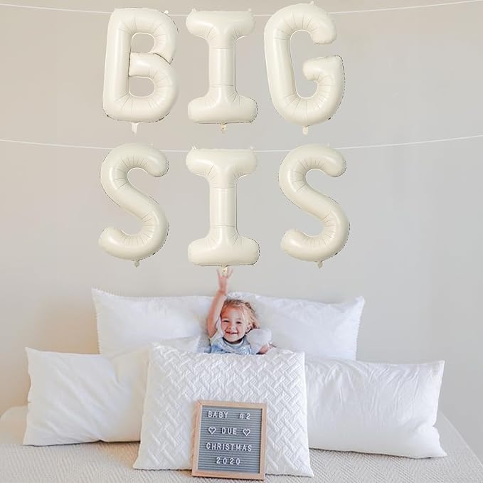 40 Inch Cream BIG SIS Balloons, Large Beige Neutral Big Sis Balloon Letters Sign with Ribbon, Ivory White Sand Baby Girls Balloon for Her Birthday Baby Shower Gender Reveal Party Decoration Supplies