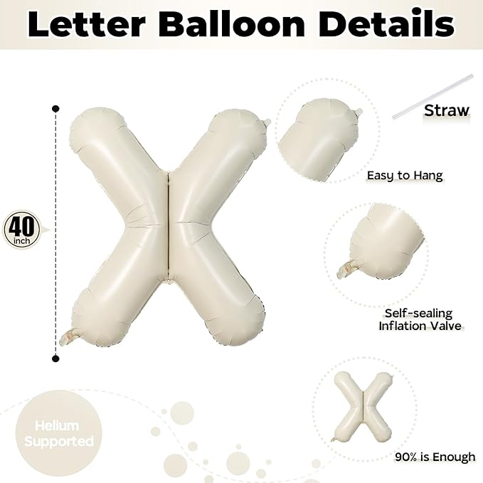 40 Inch Beige XOXO Balloons, Large Cream Mylar Foil Balloon Letter for Valentine's Day, Ivory White Sand XOXO Alphabet Banner Sign for Wedding, Engagement, Marriage, Bridal Shower, Party Decorations