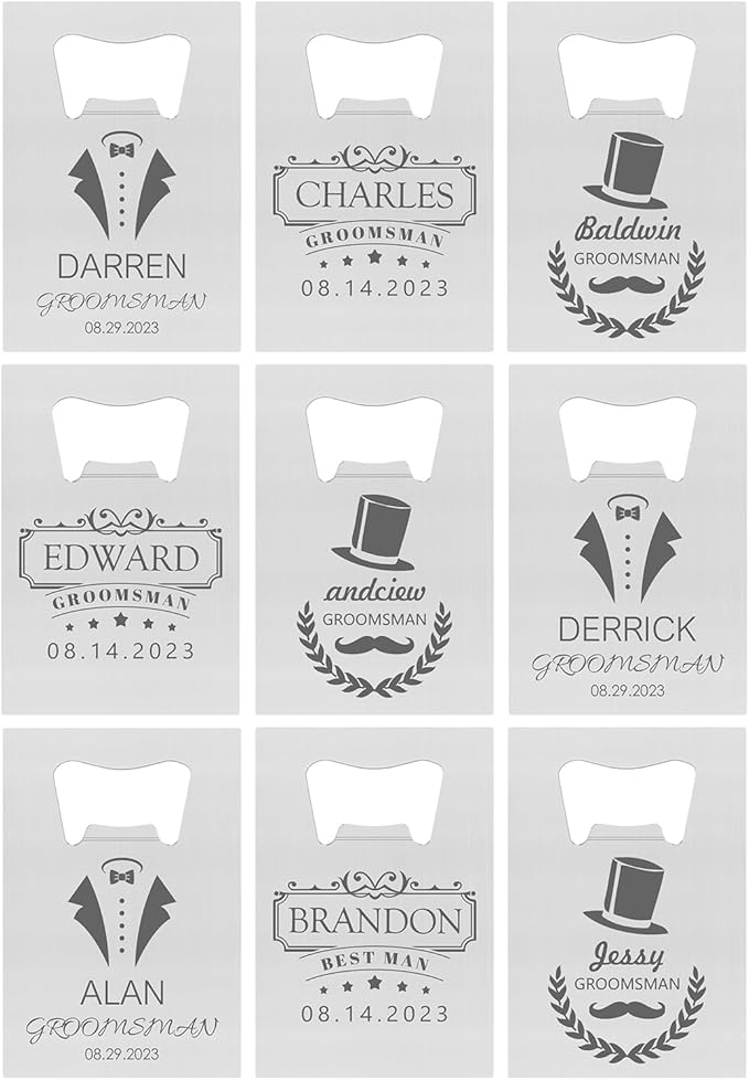 9PCSPersonalized Bottle Openers Credit Card Size, Groomsmen Best Man Gifts for Wedding Bachelor Party, Stainless Steel Beer Bottle Opener