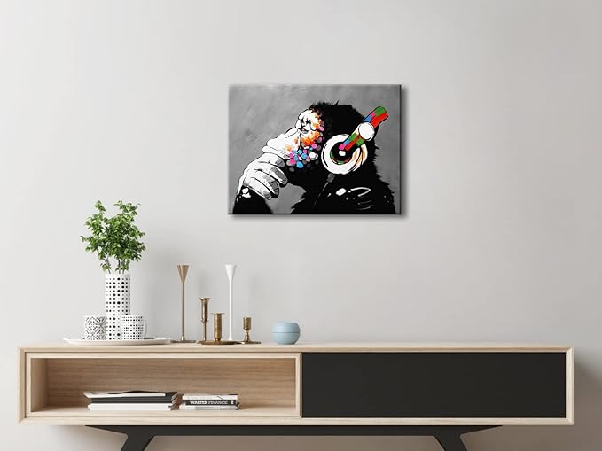 Wieco Art Monkey With Headphones Banksy DJ Chimp Pop Art Cool Ape Abstract Canvas Prints Wall Art Paintings for Living Room Bedroom Home Decorations Stretched Artwork for Office Decor
