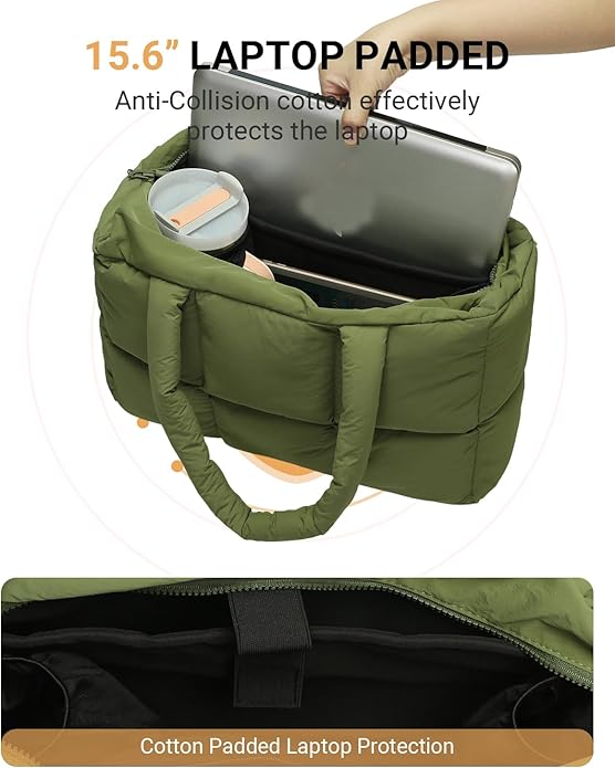 Herald Puffer Tote Bag for Women, Large Quilted Puffy Handbag Lightweight Satchel Purse with Cup Holder & Compartment