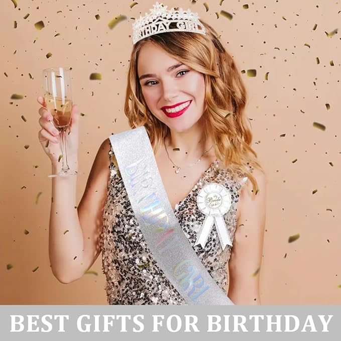 Sliver Birthday Girl Crown and Sash, Pearl Birthday Tiara,Sliver Birthdays Decorations Set, Princess Crown Tiara for Women and Girls
