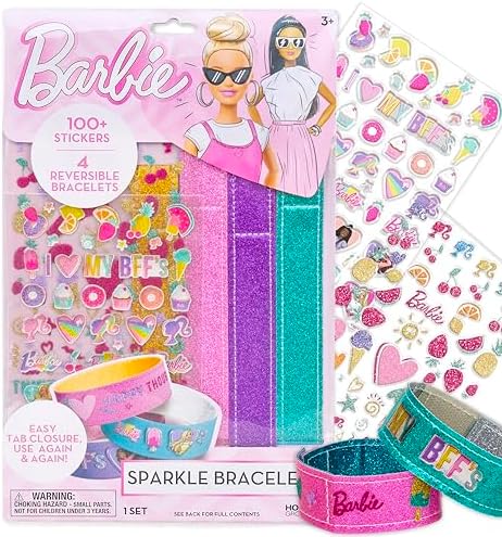 Barbie Sparkle Bracelet Making Kit, 4 Reversible Shimmery Bracelets, 100+ Traditional and Puffy Resin Stickers, DIY Friendship Jewelry, Girls Toys, Arts and Crafts for Kids Age 8-12, Gifts for Girls by HorizonGroupUSA