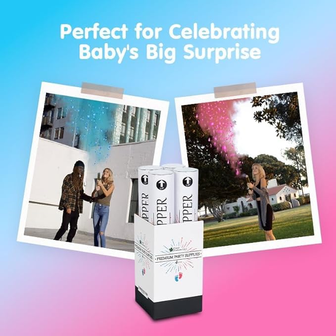 Clover Products Gender Reveal Cannons – 4 Pack (2 Blue & 2 Pink) | 12-Inch Confetti & Powder Poppers | Air-Powered, Biodegradable | Free Balloons Included