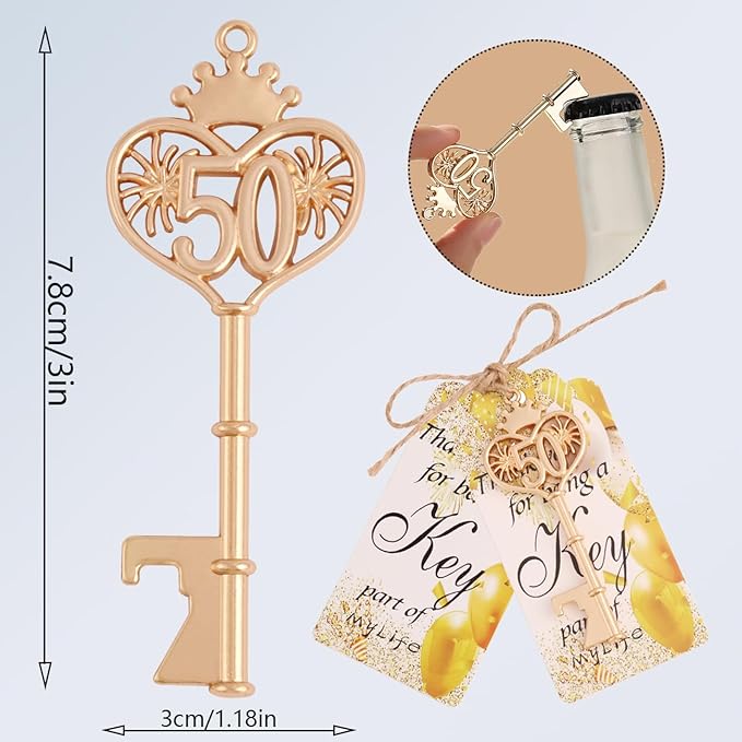 24 Sets 50 Birthday Party Favors Key Bottle Opener, 50th Beer Opener Keychain Favors for Guest with Organza Bags and Tags,Beer Keychain Bottle Openers for Birthday Party Decoration Supplies (Gold-50)