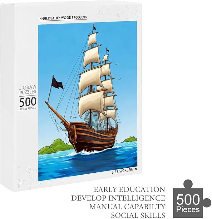 Puzzles for Adults 500 Pieces Wooden Jigsaw Puzzle - Sail Ship Pirate Sea Island Theme Puzzle，Party Games，Family Toys，Educational Puzzles，Stress Relief Wooden Puzzle，Gifts for Family and Friends