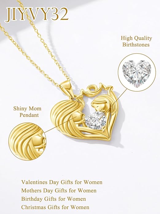 Mother and Daughter/Son Love Heart Necklace White Gold/14K Gold/Rose Gold Birthstone Jewelry Christmas Mothers Day Birthday Gifts For Mom Wife Grandma Women