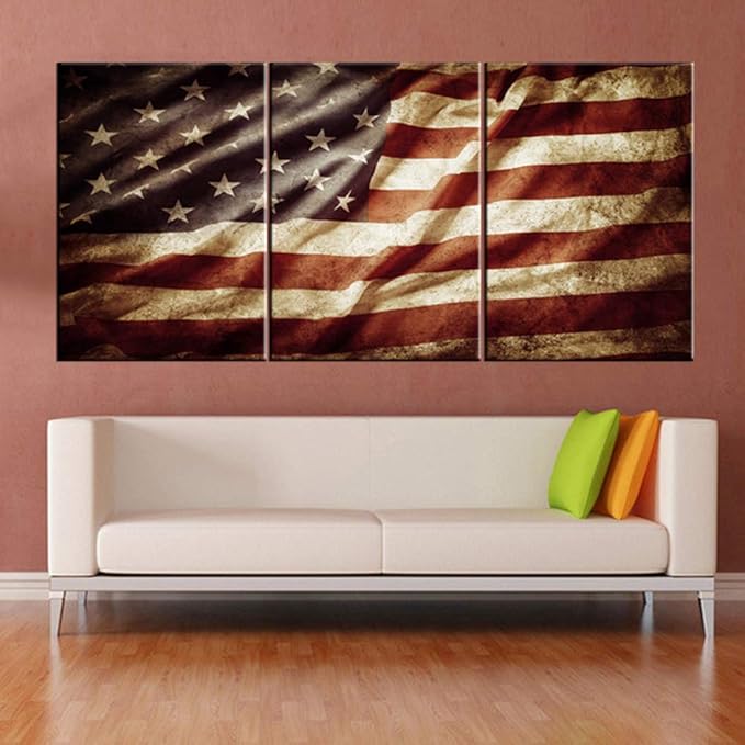 Native American Decor Grunge USA Flag Pictures Stars Stripes Paintings Patriotic Modern Wall Art Artwork3 Piece Printed on Canvas Rustic Home Decor Framed Gallery-Wrapped Ready to Hang(60''Wx28''H)