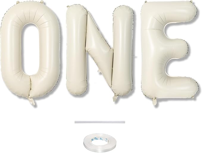 40 Inch Beige One Balloons for 1st Birthday, Cream White Sand One Balloon Letters with Ribbon, Neutral Ivory Alphabet One Balloon for Boys Girls First Birthday 1 Year Old Baby Shower Party Decorations