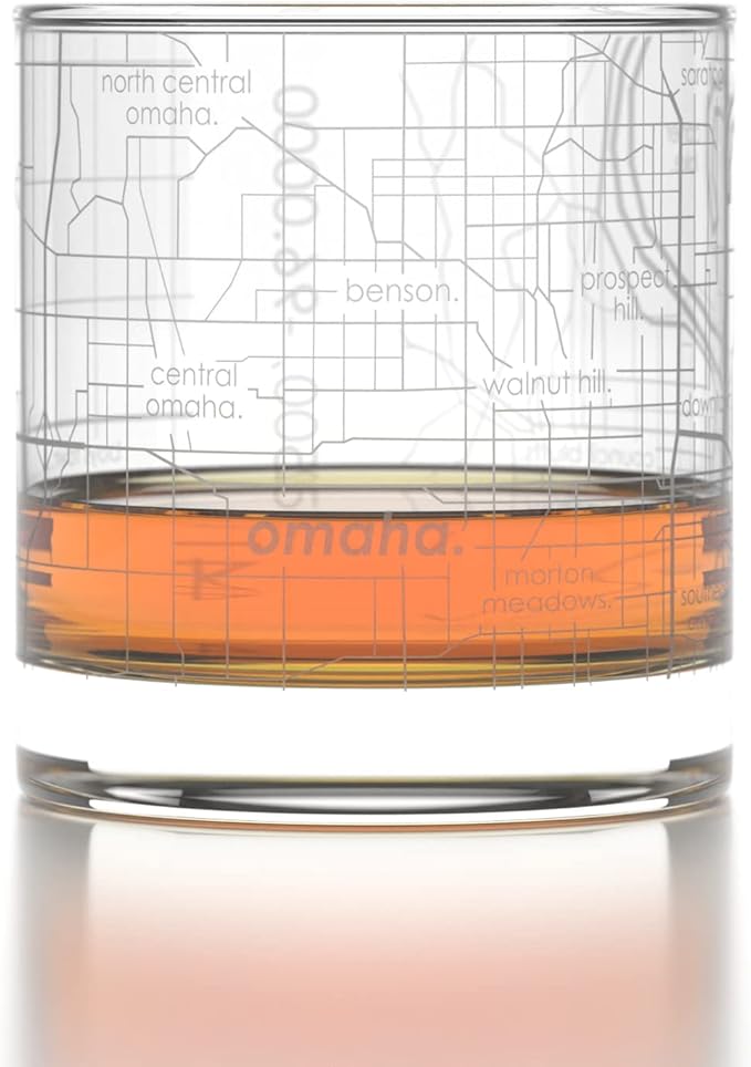 Well Told Engraved Omaha Nebraska Map Rocks Glass, Old Fashioned Whiskey Glass (11 oz, Clear) Etched Whiskey Glass, Gifts For Whiskey Lovers