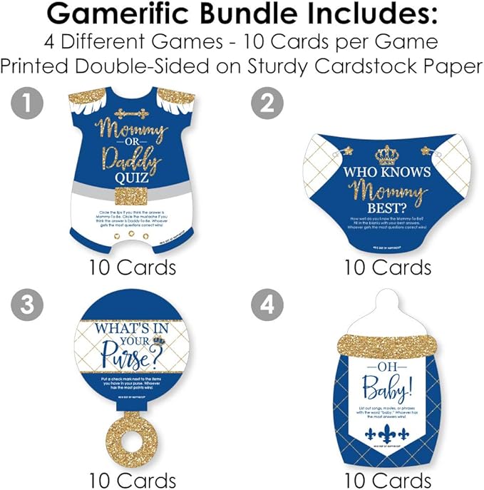 Big Dot of Happiness Royal Prince Charming - 4 Baby Shower Games - 10 Cards Each - Who Knows Mommy Best, Mommy or Daddy Quiz, What’s in Your Purse and Oh Baby - Gamerific Bundle