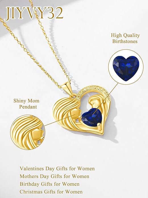 Mother and Daughter/Son Love Heart Necklace White Gold/14K Gold/Rose Gold Birthstone Jewelry Christmas Mothers Day Birthday Gifts For Mom Wife Grandma Women