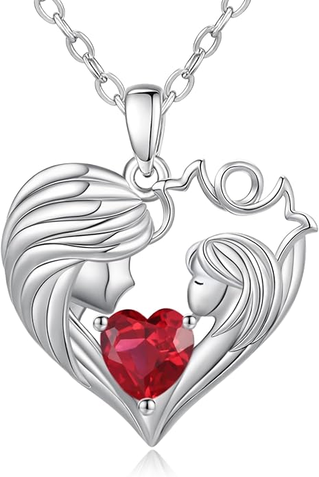 Mother and Daughter/Son Love Heart Necklace White Gold/14K Gold/Rose Gold Birthstone Jewelry Christmas Mothers Day Birthday Gifts For Mom Wife Grandma Women