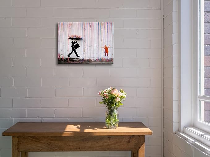 Wieco Art Banksy Raining Day or Colorful Graffiti Street Famous Canvas Paintings Wall Art Modern Inspirational Grey Love Pictures Print Artwork for Dining Room Kitchen Home Office Decor