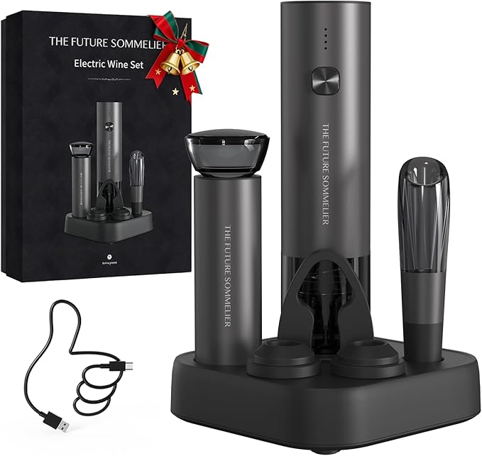 CIRCLE JOY Rechargeable Electric Wine Opener Set 7-in-1 Aluminum Alloy Wine Gift Set with Electric Corkscrew, Foil Cutter, Wine Pourer, Storage Base, Vacuum Pump and 2 Wine Stoppers
