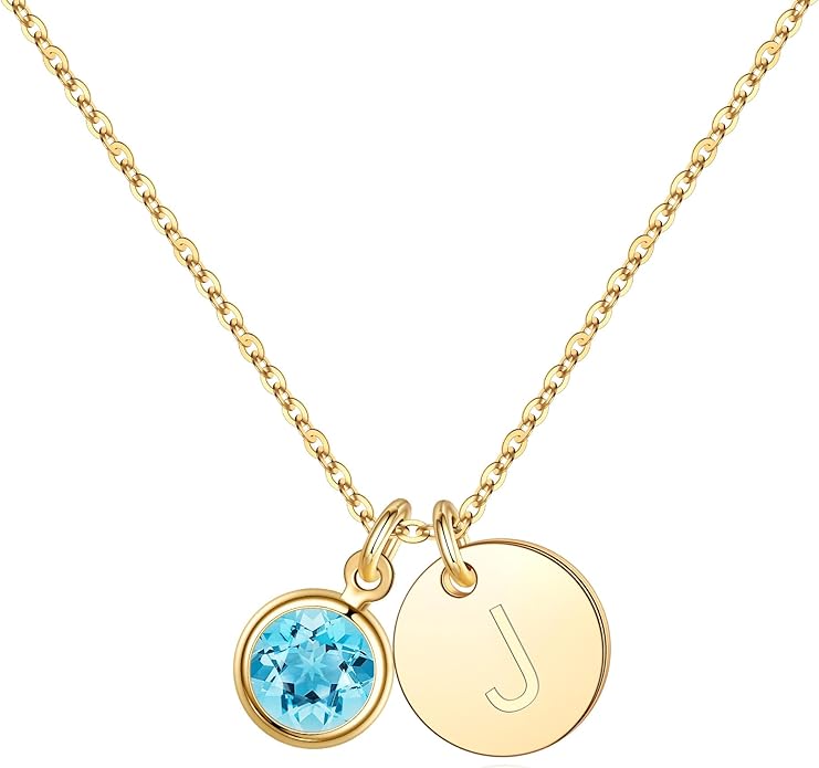 Hidepoo Initial Birthstone Necklace for Girl Women - 14K Gold Plated Disc Letter Necklace Personalized Gifts Jewelry Birthstone Initial Necklaces Birthday Gift for Female Teens Mom