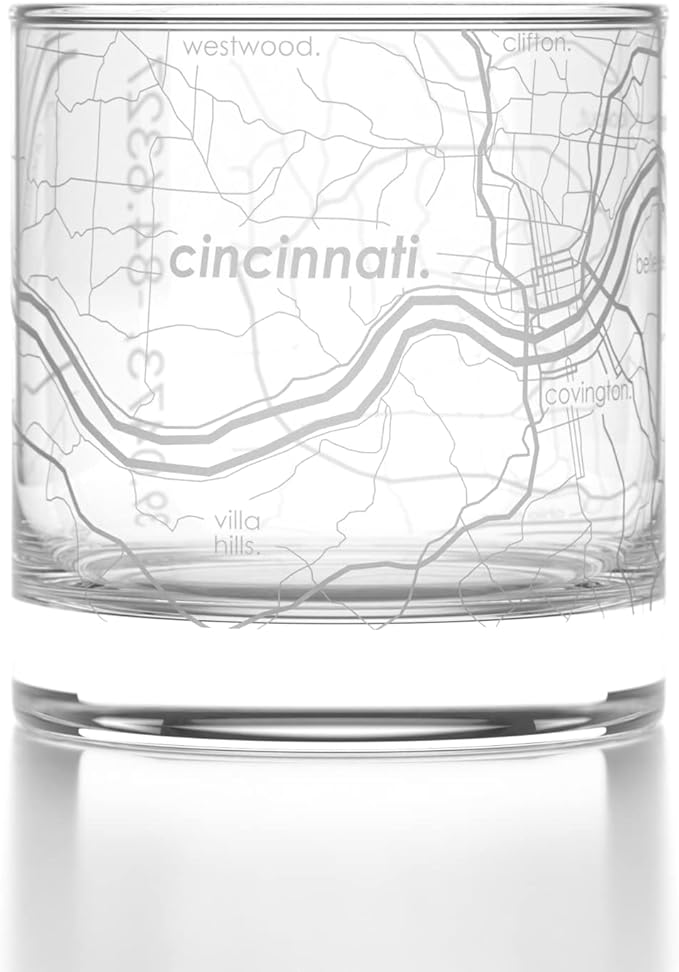 Well Told Engraved Cincinnati Ohio Map Rocks Glass, Old Fashioned Whiskey Glass (11 oz, Clear) Etched Whiskey Glass, Gifts For Whiskey Lovers