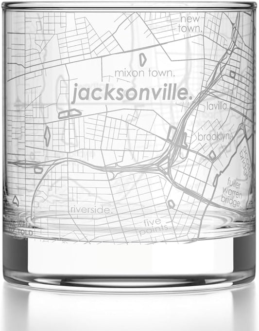Well Told Engraved Jacksonville Florida Map Rocks Glass, Old Fashioned Glassware (11 oz, Clear) Etched Bourbon Tumbler, Gifts For Whiskey Lovers