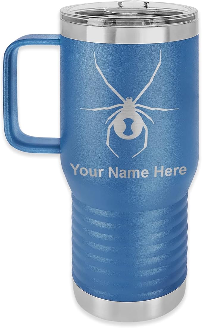 LaserGram 20oz Vacuum Insulated Travel Mug with Handle Widow Spider, Personalized Engraving Included (Dark Blue)