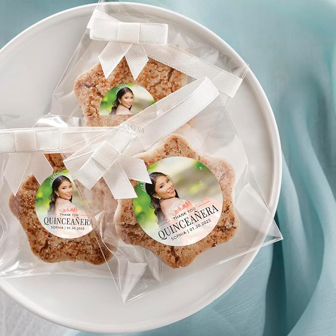 Andaz Press 40-Pack Personalized 2" Round Circle Quinceañera Labels, Thank You Sticker Labels with Custom Photo for Mis Quince Favors, Invitations, XV, 15th Birthday, Quinceanera Decorations
