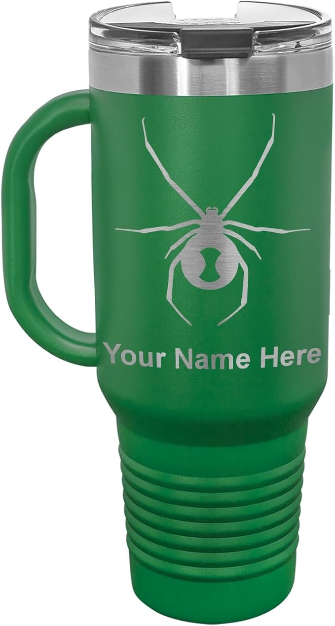 LaserGram 40oz Vacuum Insulated Travel Mug with Handle, Black Widow Spider, Personalized Engraving Included (Green)