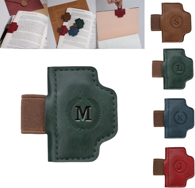 Personalized Magnetic Bygone Mark Bookmark with Pen Holder, 26 Letters Name Initial Custom Leather Book Mark for Women, Gifts for Book Lovers and Readers (Green,M)