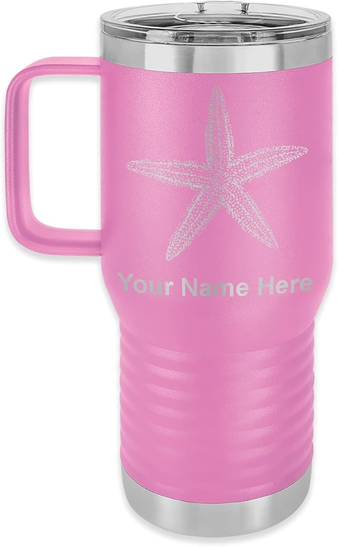 LaserGram 20oz Vacuum Insulated Travel Mug with Handle, Starfish, Personalized Engraving Included (Light Purple)