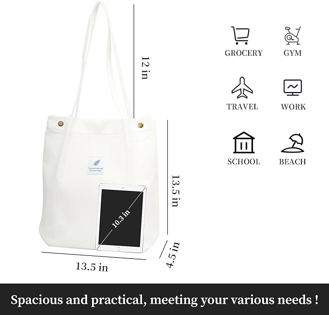 Corduroy Tote Bag Cute Tote Bags for Women Shoulder Bag with Inner Pocket for Work Beach Travel and Shopping Grocery
