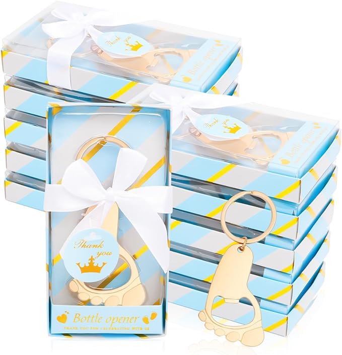 50Pcs Baby Boy Foot Keychain Footprint Bottle Openers Footprint Keychain Bottle Opener Small Foot Bottle Opener Keychain Baby Shower Return Gift for Party Favors with Blue Boxes