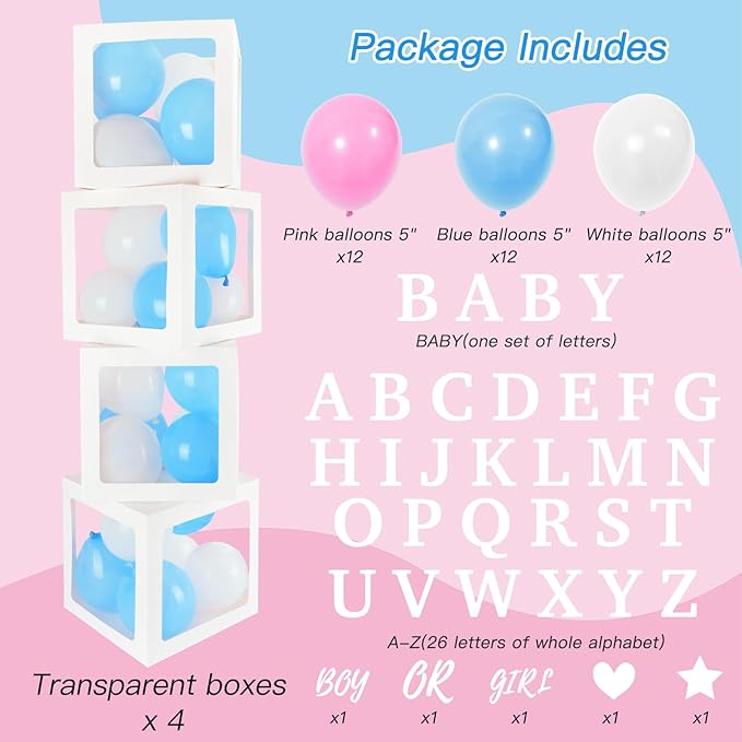RUBFAC Baby Boxes with 41 Letters and 36 Balloons, 4pcs Clear Balloon Boxes for Baby Shower Gender Reveal Girl Boy Blocks Birthday Party Decorations