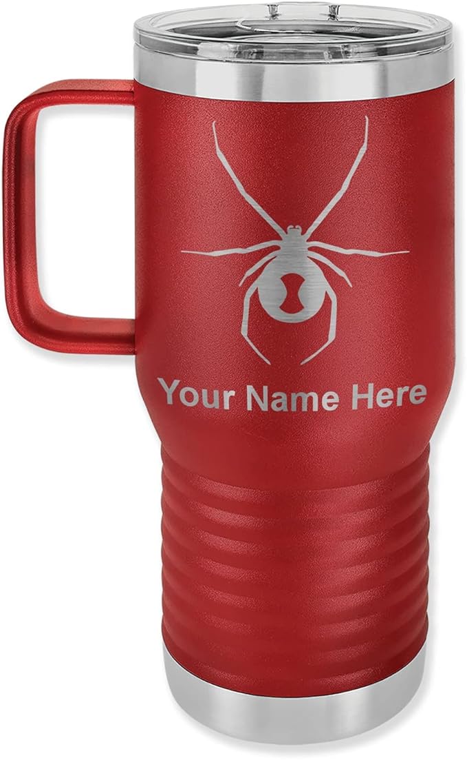 LaserGram 20oz Vacuum Insulated Travel Mug with Handle Widow Spider, Personalized Engraving Included (Maroon)
